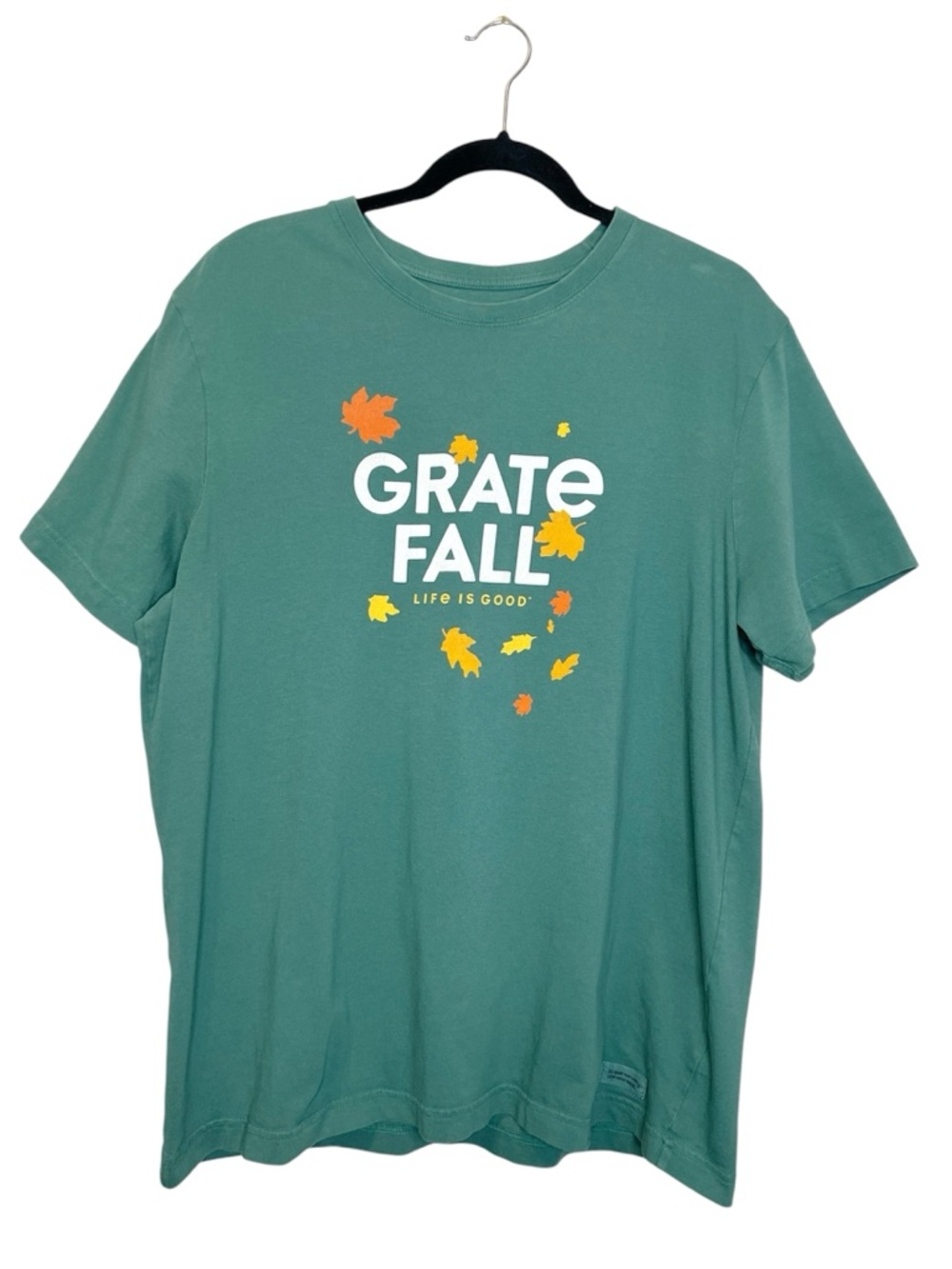 LIFE IS GOOD Men's Crusher Grate Fall Leaves Green Cotton T-Shirt Size Large
